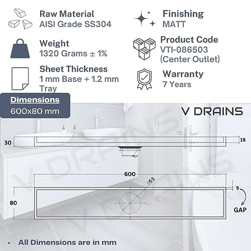 V DRAINS 600x80 mm Tile Marble Insert Floor Shower Drain Channel | Linear (Long) Drain for Bathrooms Floor, Terraces, Balconies of (SS AISI 304 18/8) with Cockroach Trap | Center Outlet (24x3 inches) - Image 2