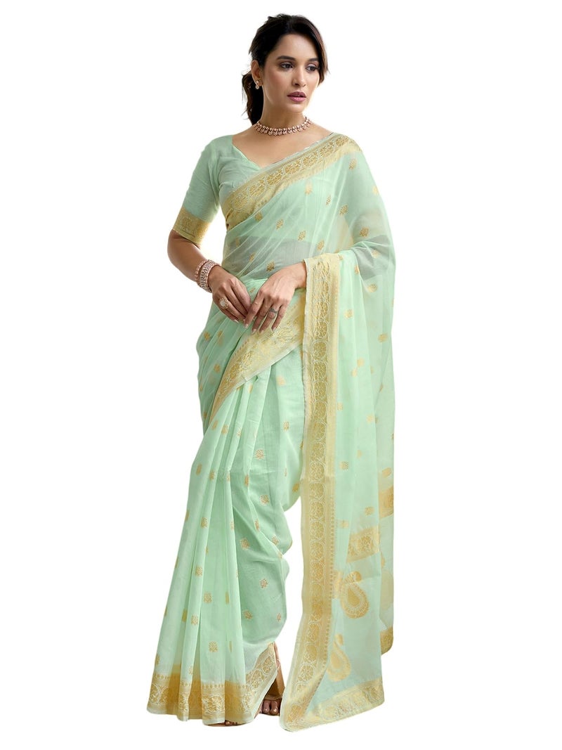 Satrani Women's Chanderi Cotton Weaving Banarasi Saree with Unstitched Blouse Piece (4357S644N_Light Mint Green) - Image 1