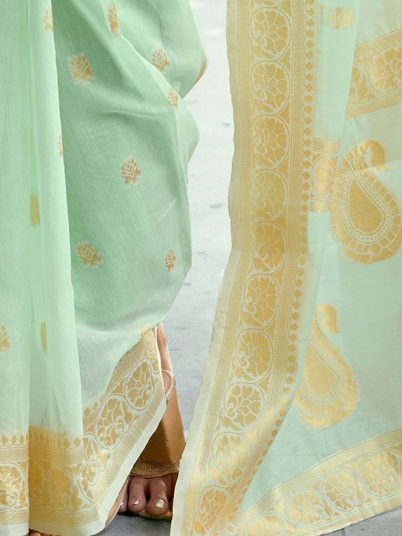 Satrani Women's Chanderi Cotton Weaving Banarasi Saree with Unstitched Blouse Piece (4357S644N_Light Mint Green) - Image 5