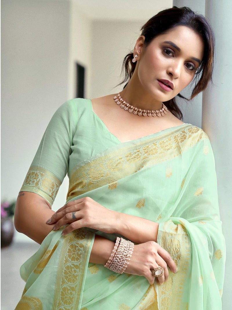 Satrani Women's Chanderi Cotton Weaving Banarasi Saree with Unstitched Blouse Piece (4357S644N_Light Mint Green) - Image 4