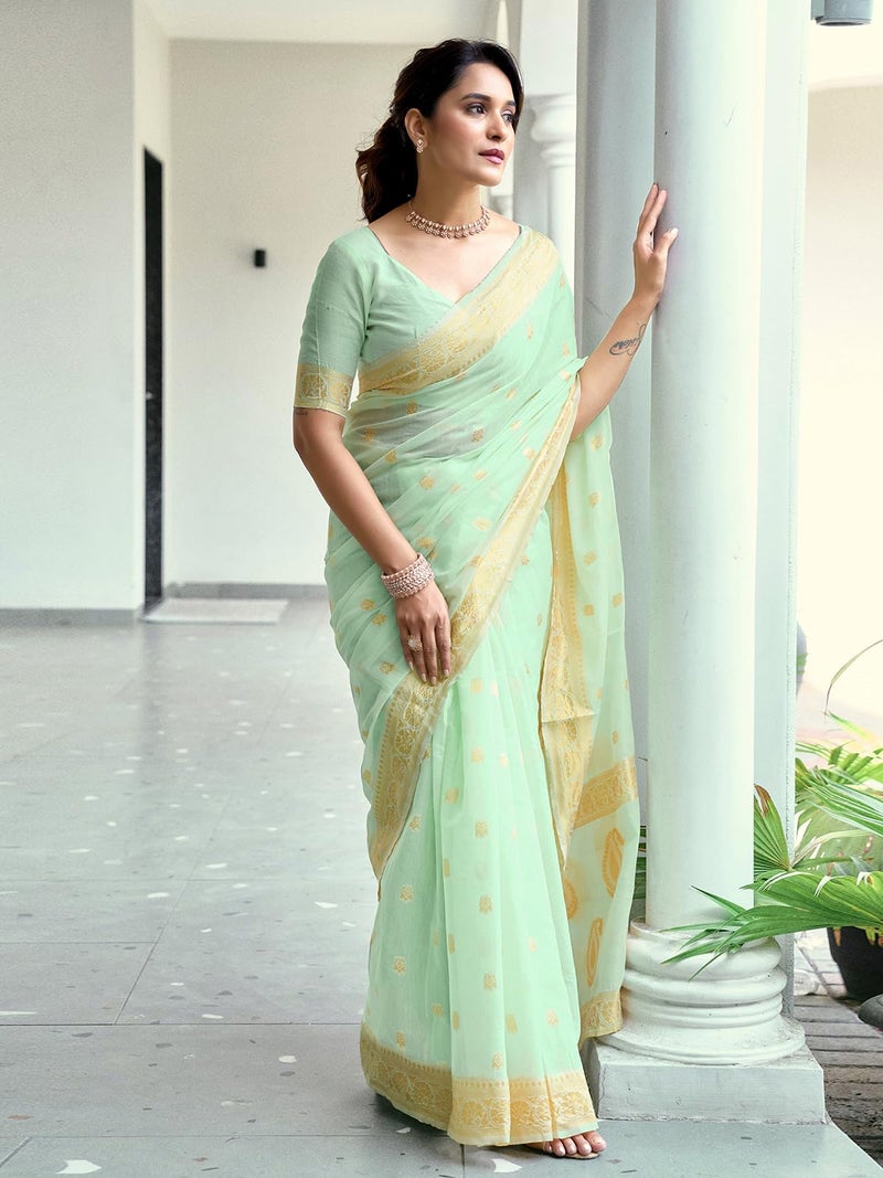 Satrani Women's Chanderi Cotton Weaving Banarasi Saree with Unstitched Blouse Piece (4357S644N_Light Mint Green) - Image 2