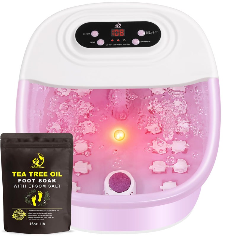 FutureCare Foot Spa Bath Massager with Heat Bubbles and Vibration Massage and Jets, 16 OZ Tea Tree Oil Foot Soak Epsom Salt, Foot Soaker with Red Light, 22 Massage Rollers, Adjustable Temp - Pink - Image 1