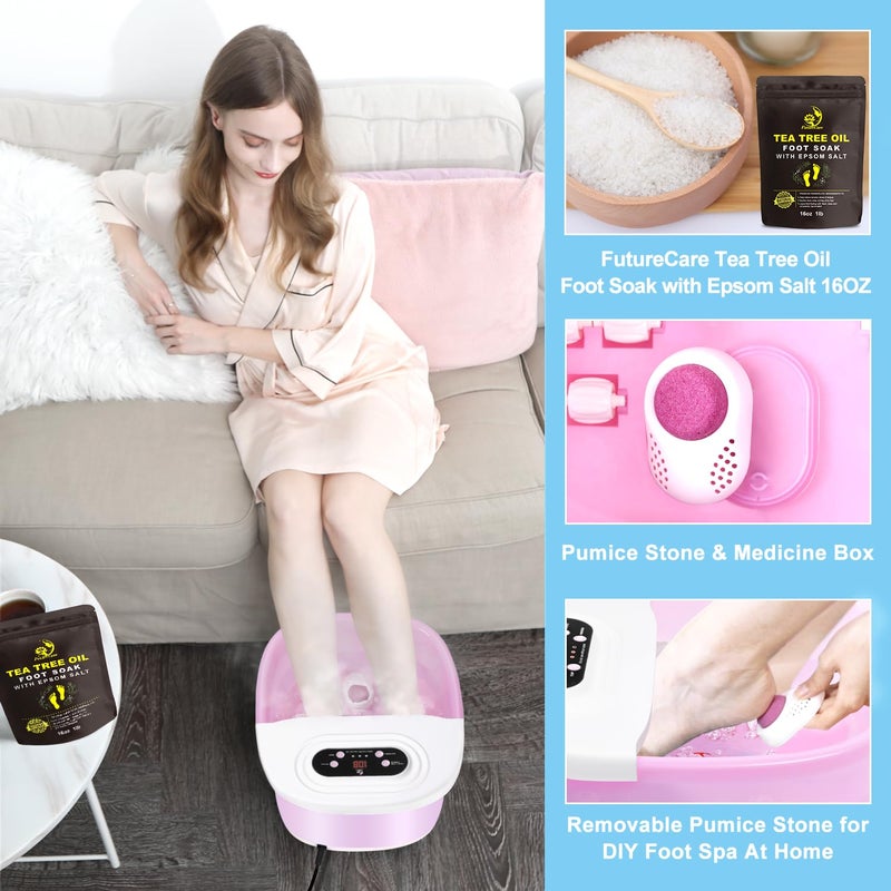 FutureCare Foot Spa Bath Massager with Heat Bubbles and Vibration Massage and Jets, 16 OZ Tea Tree Oil Foot Soak Epsom Salt, Foot Soaker with Red Light, 22 Massage Rollers, Adjustable Temp - Pink - Image 4