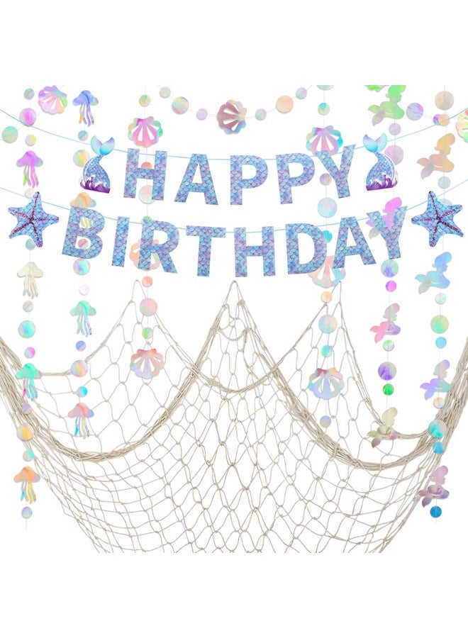 ZERODECO ZERODECO Mermaid Birthday Party Decorations, Iridescent Mermaid Garland, Happy Birthday Banner and Fishnet for Mermaid Theme Birthday, Pirate Party, Nautical Decor, Under The Sea Party Decorations  - Image 1