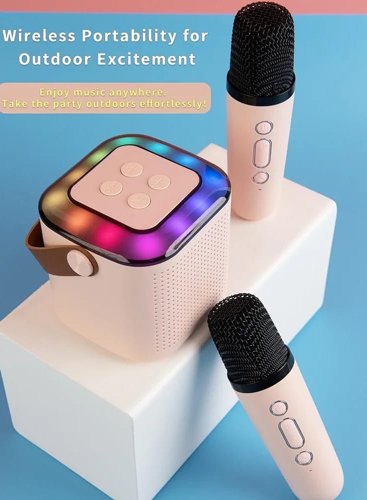 آلة كاريوكي للأطفال الكبار البسيطة المحمولة بلوتوث الملونة كاريوكي المتكلم مع 2 ميكروفونات لاسلكية وأضواء ديناميكية هدية عيد ميلاد المنزل KTV السفر في الهواء الطلق - Image 2