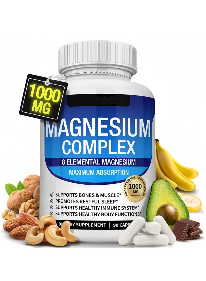 Toplux Magnesium Complex Supplement 8 Elemental Magnesium 1000mg - Magnesium Glycinate, Citrate, Malate, Taurate, Chelated for Easy Absorption for Bones, Muscle, Recovery, Energy, Vegan Non-GMO 90 Capsules - Image 1