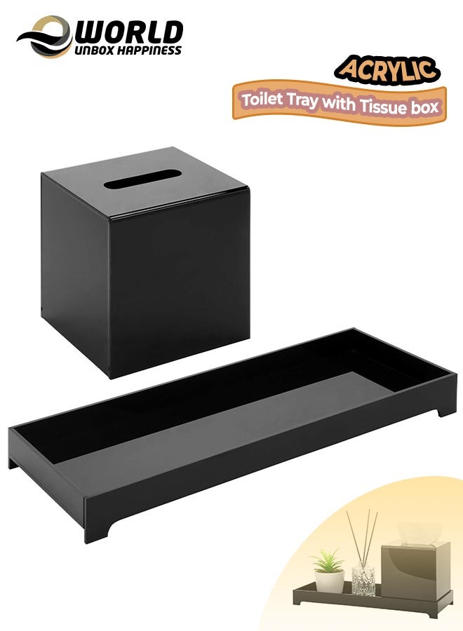 Eworld Black Acrylic Toilet Tank Topper Tray, Stylish Counter Vanity Storage Organizer with a Square Tissue Box Cover, Perfect for Showcasing Toiletries, Cosmetics, Jewelry, and Beauty Products. - Image 1