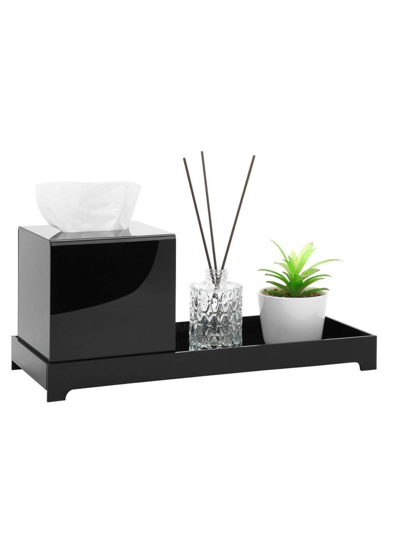 Eworld Black Acrylic Toilet Tank Topper Tray, Stylish Counter Vanity Storage Organizer with a Square Tissue Box Cover, Perfect for Showcasing Toiletries, Cosmetics, Jewelry, and Beauty Products. - Image 3