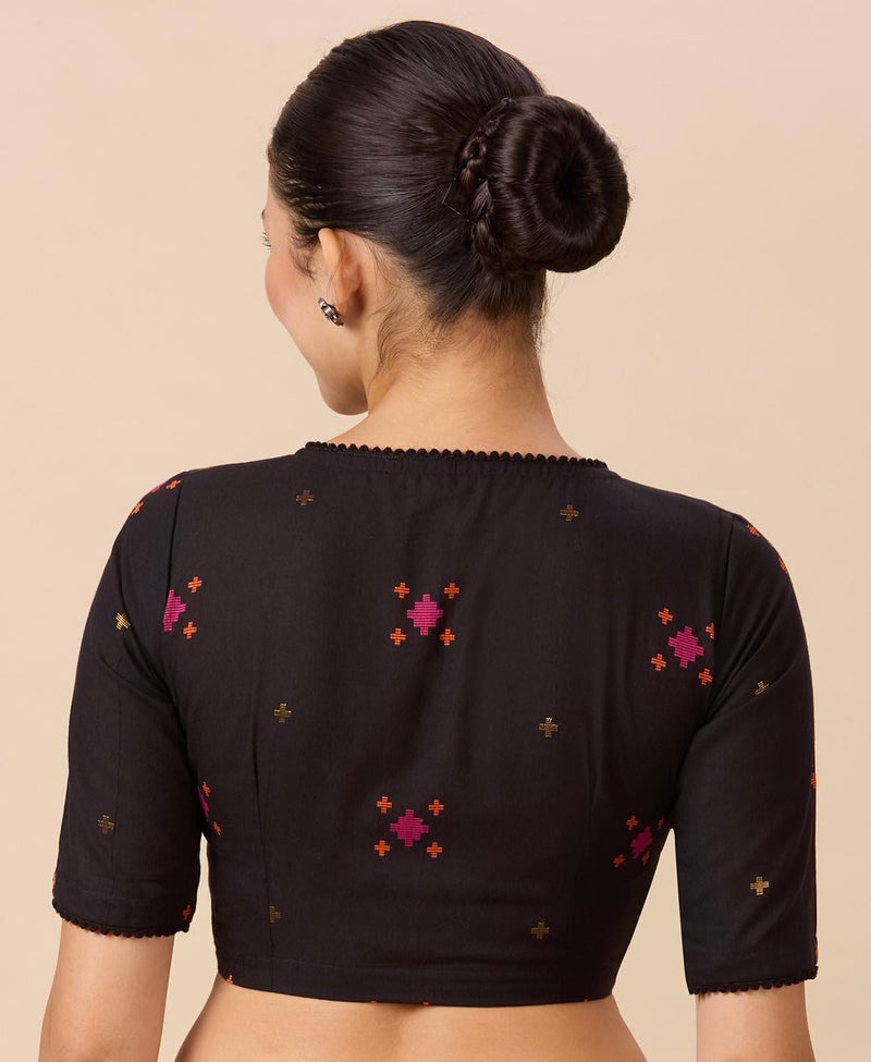 Studio Shringaar Women's Cotton Multicoloured Ikat Readymade Saree Blouse(Black, 42) - Image 2