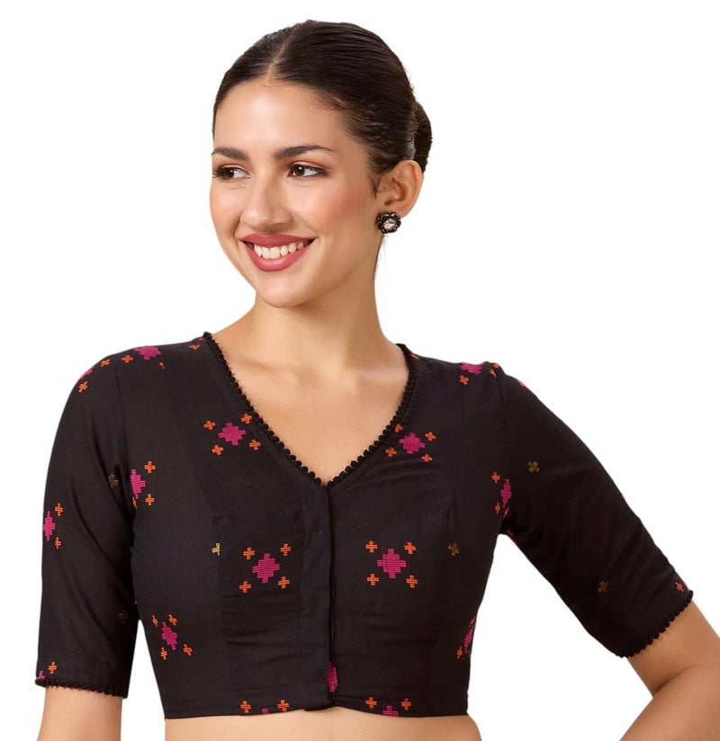Studio Shringaar Women's Cotton Multicoloured Ikat Readymade Saree Blouse(Black, 42) - Image 1