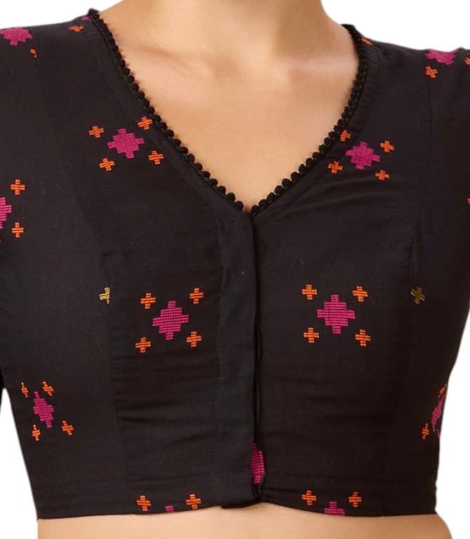 Studio Shringaar Women's Cotton Multicoloured Ikat Readymade Saree Blouse(Black, 42) - Image 5