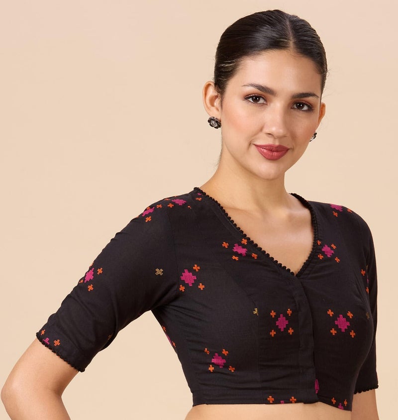 Studio Shringaar Women's Cotton Multicoloured Ikat Readymade Saree Blouse(Black, 42) - Image 4