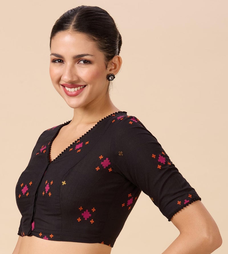 Studio Shringaar Women's Cotton Multicoloured Ikat Readymade Saree Blouse(Black, 42) - Image 3