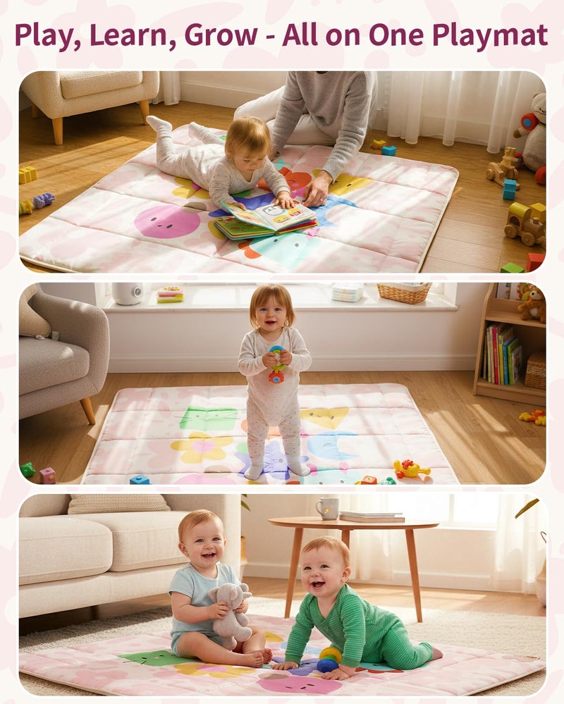 Tiny Marvels Baby Play Mat, Foldable Play Mats for Floor, 50x50 Inches Crawling Mat for Playpen with Anti-Slip Bottom, Machine Washable, Thicken Padding Foam Playmats for Babies and Toddlers (Pink Floral) - Image 3