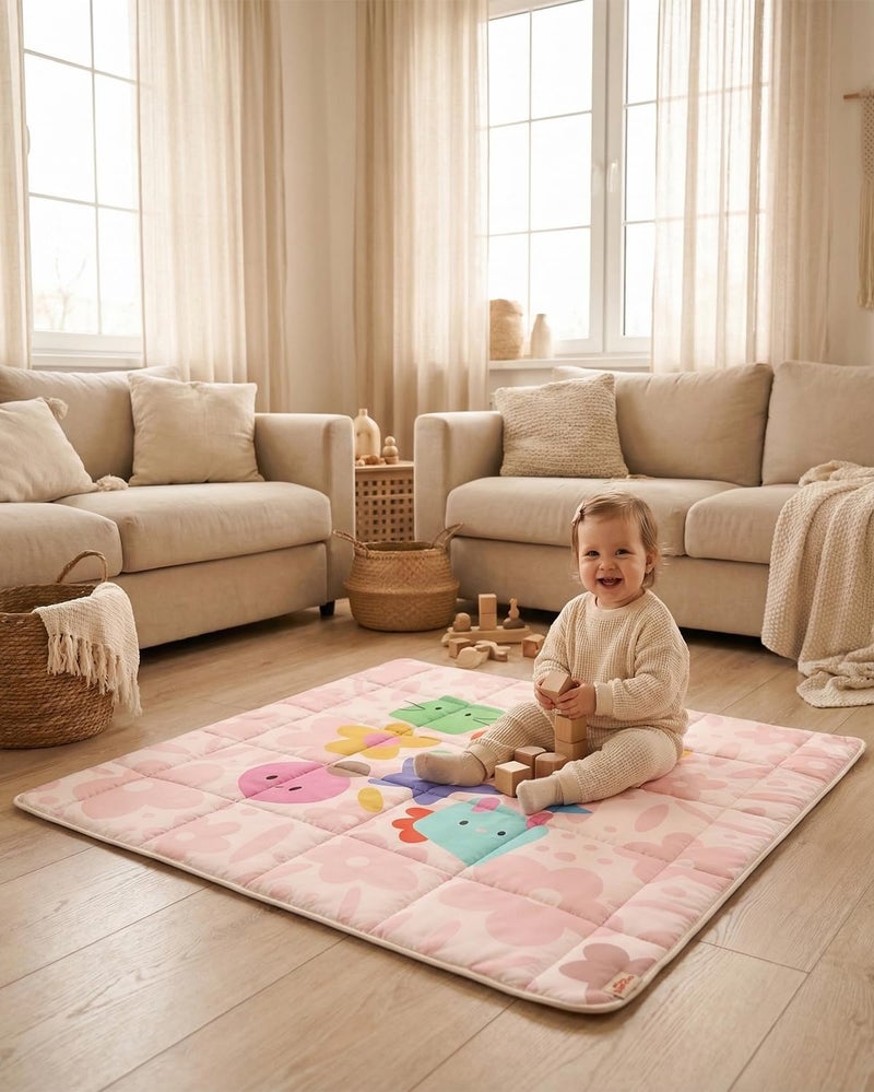 Tiny Marvels Baby Play Mat, Foldable Play Mats for Floor, 50x50 Inches Crawling Mat for Playpen with Anti-Slip Bottom, Machine Washable, Thicken Padding Foam Playmats for Babies and Toddlers (Pink Floral) - Image 1