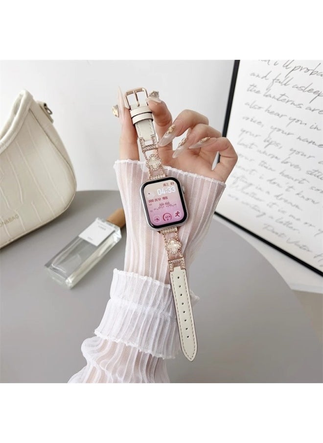 Generic - For AppleApplewatch Watch With Four-leaf Clover Fritillaria Spliced Leather Strap Iwatch8/9/10 Strap-Color:Rose Gold-white-Specification:14mm - Image 1