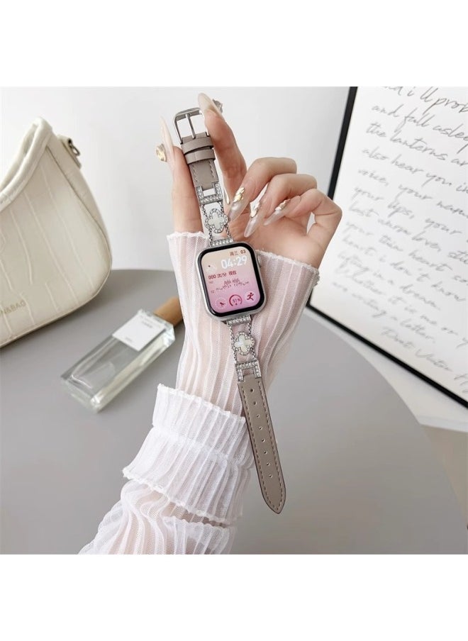 Generic - For AppleApplewatch Watch With Four-leaf Clover Fritillaria Spliced Leather Strap Iwatch8/9/10 Strap-Color:Rose Gold-white-Specification:14mm - Image 1