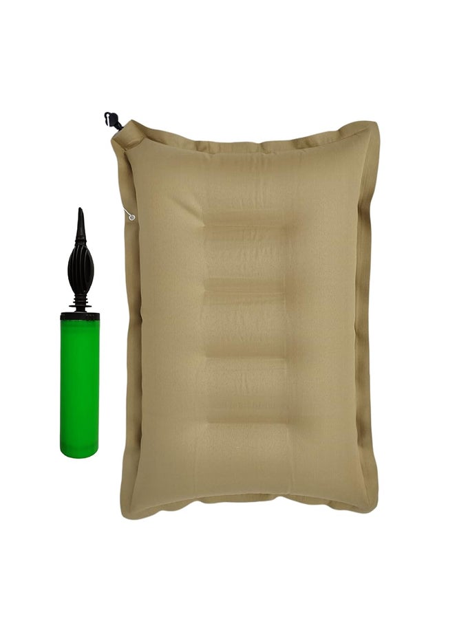 INFLATABLE SOFT PORTABLE AIR TRAVEL PILLOW PACK OF 1 WITH AN AIR PUMP FOR TRAVELLING IN TRAIN BUS CAMPING HOSTEL AND OFFICE BROWN