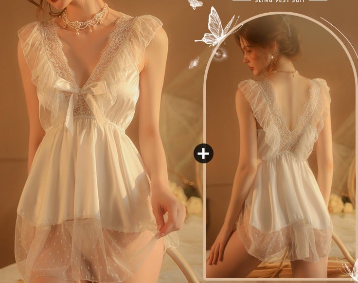 Women's Satin Nightdress, Lace Trim V-Neck Design, Lightweight Comfortable Homewear