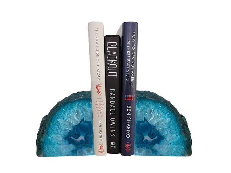AMOYSTONE Teal Agate Bookends Decorative Brazilian Crystal Quartz Book Stopper 34 LBS with NonSlip Mat Perfect for Kitchen Cookbooks and Bookshelf Ends