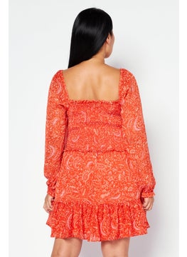 1 State Women Floral Long Sleeve Mini Dress, Orange  - Image 4