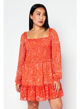 1 State Women Floral Long Sleeve Mini Dress, Orange  - Image 1