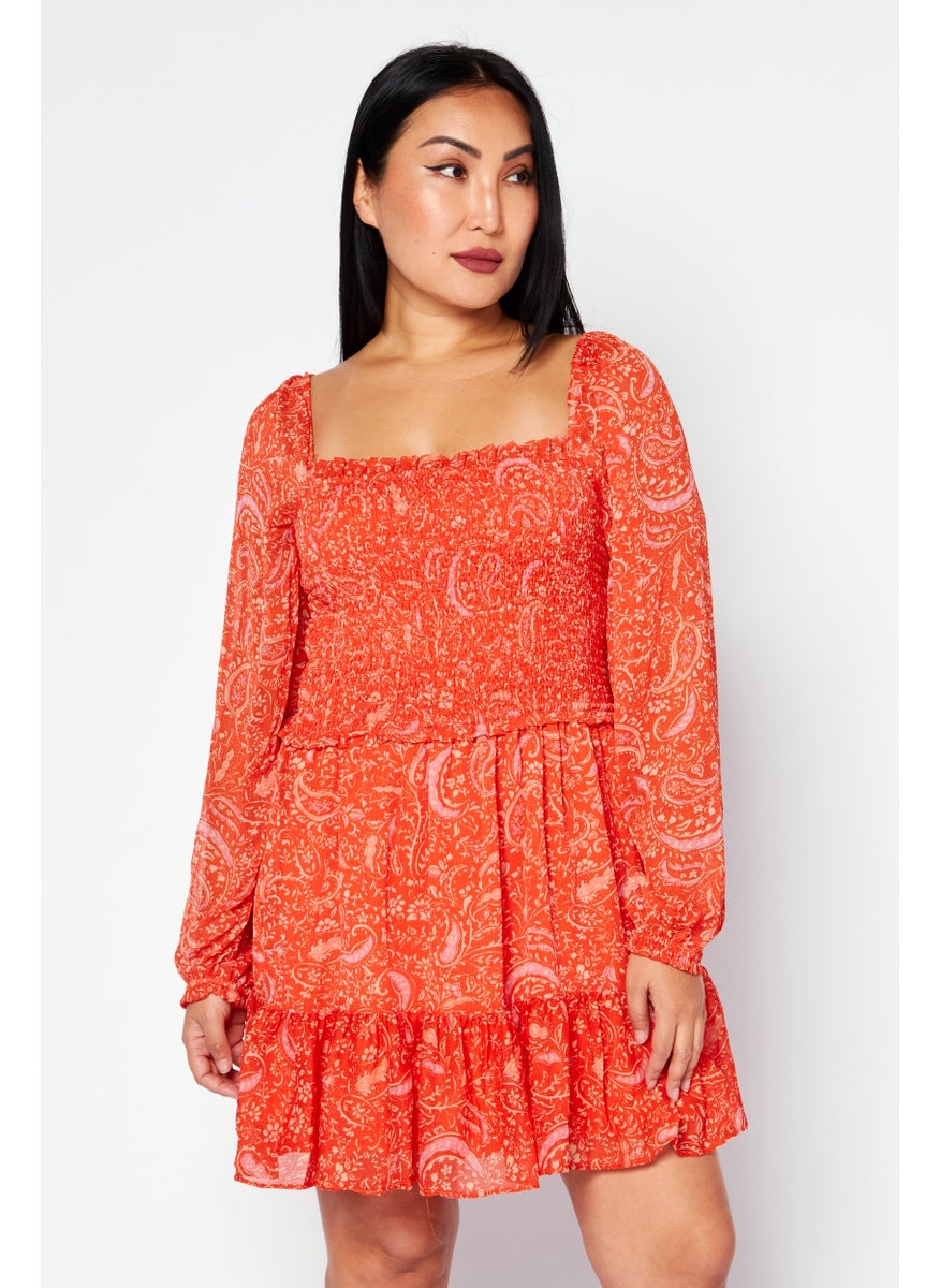 1 State Women Floral Long Sleeve Mini Dress, Orange  - Image 1