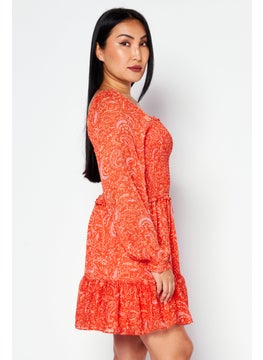1 State Women Floral Long Sleeve Mini Dress, Orange  - Image 3