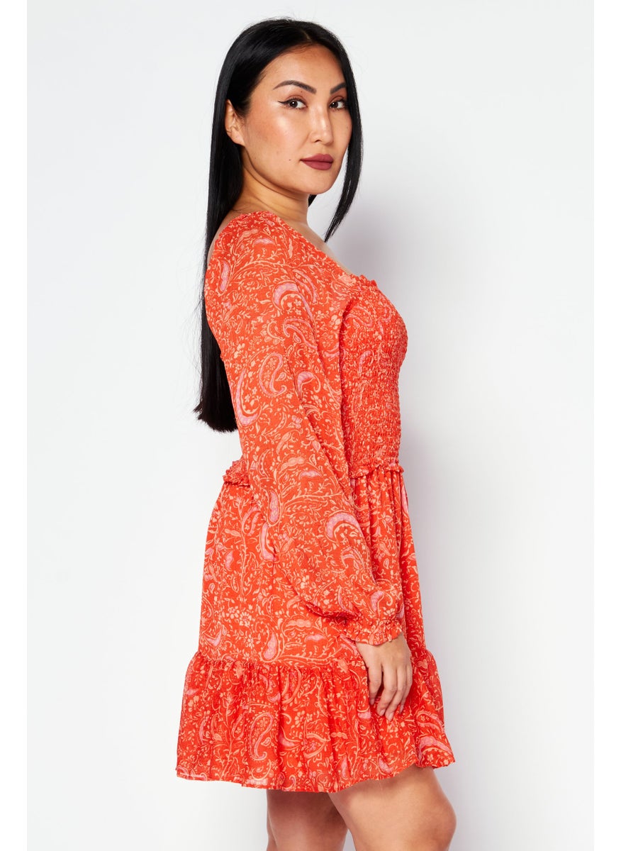 1 State Women Floral Long Sleeve Mini Dress, Orange  - Image 3