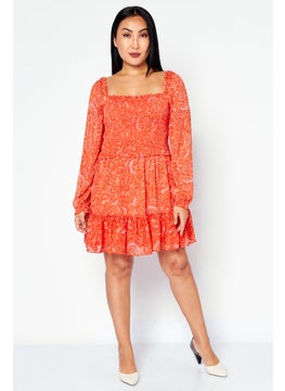 1 State Women Floral Long Sleeve Mini Dress, Orange  - Image 2