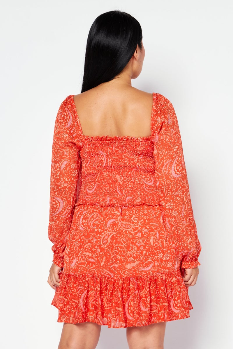 1 State Women Floral Long Sleeve Mini Dress, Orange - Image 4