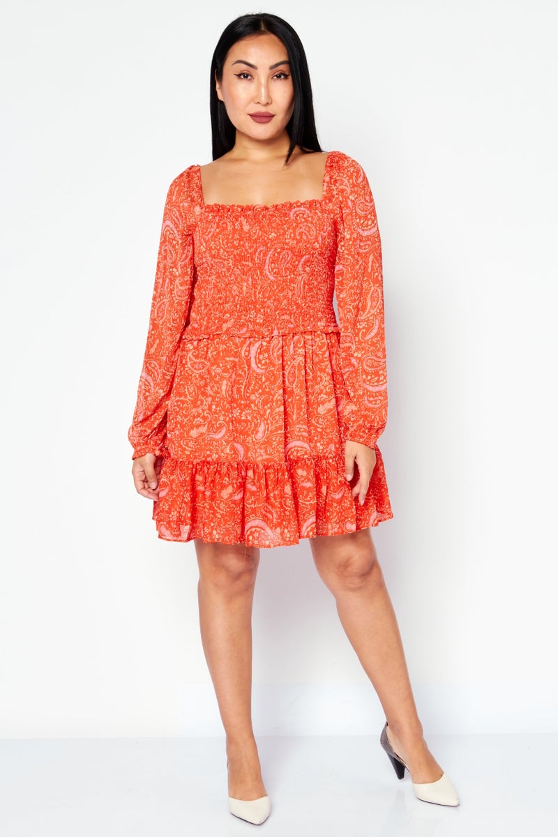 1 State Women Floral Long Sleeve Mini Dress, Orange - Image 2