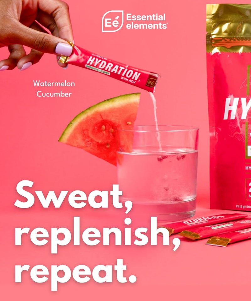 Essential Elements حزم ترطيب العناصر الأساسية بنكهة البطيخ والخيار  حزم مسحوق الإلكتروليت خالية من السكر  25 حزمة عصا من مسحوق الإلكتروليت بدون سكر  مشروب ترطيب مع خل التفاح  فيتامين C - Image 4