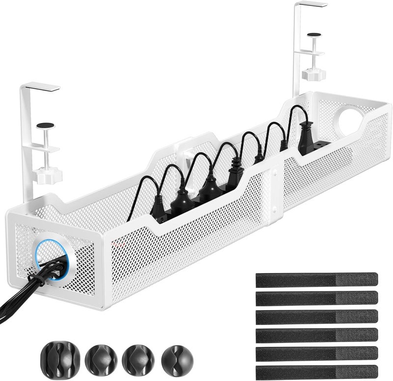 Cinati [Upgraded] Extra Large Under Desk Cable Management, Cinati 25" Wire Organizers No Drill, Cable Tray with Clamp for Wire Management, Cord Organization Box for Office, Home - No Damage to Desk(White) - Image 1