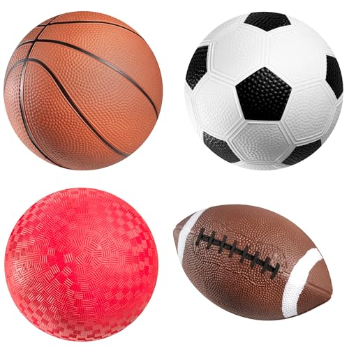 PlayBolt Sports Balls for Kids Toddlers Pack of 4 5inch Sports Set Includes Football Small Size Soccer Basketball and Playground Balls Fun Indoors Outdoor Toys Hand Pump Included - Image 1