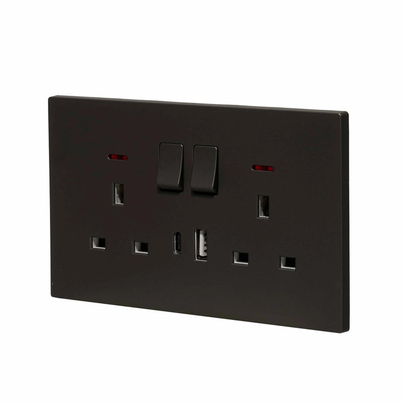 Donmarco مقبس كهربائي مزدوج رفيع للغاية 2 فتحة بريطانية 13A مع منافذ USB و Type-C (5V 3.1A) – مقبس كهربائي مقاوم للحريق ، ضمان 3 سنوات ، تصميم بلاستيكي أنيق (أسود غير لامع) | مقبس طاقة حائط - Image 2