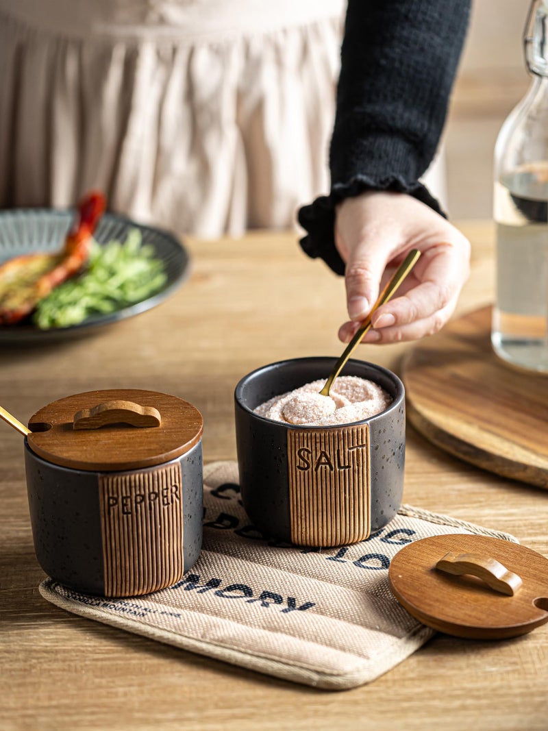 YHOJOY Salt and Pepper Bowl, Ceramic Salt Containers for Countertop, Salt and Pepper Cellar with Lid and Spoons, Black - Image 3