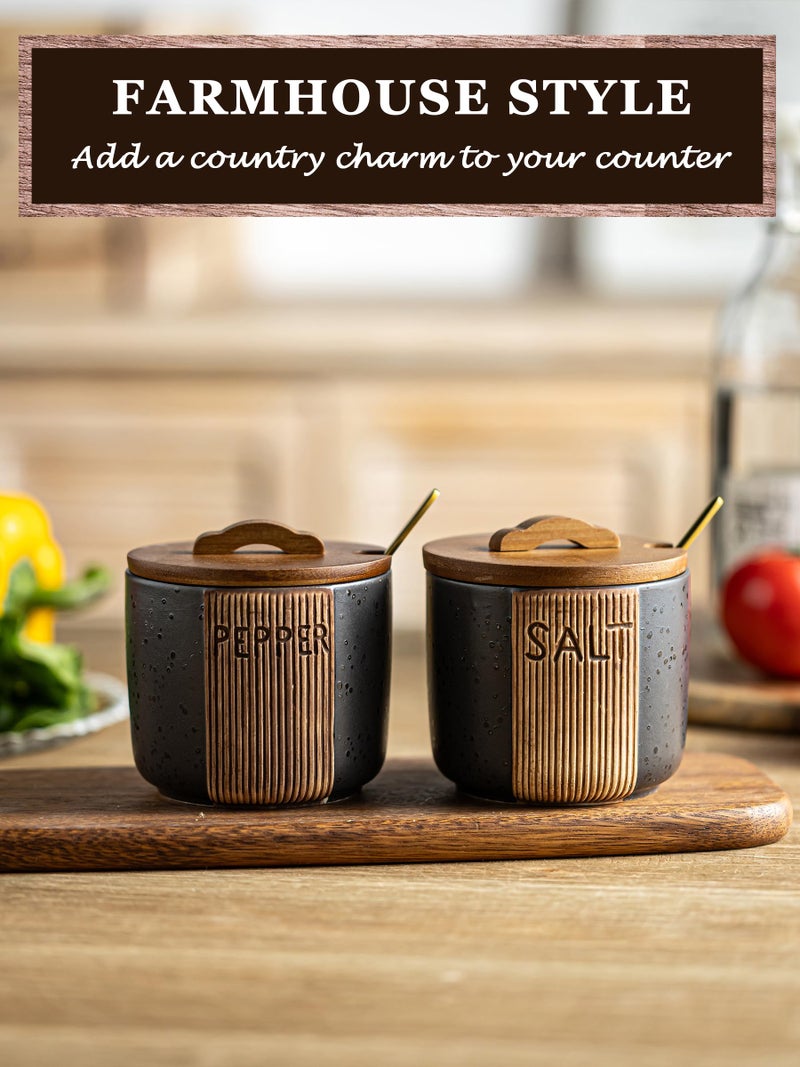 YHOJOY Salt and Pepper Bowl, Ceramic Salt Containers for Countertop, Salt and Pepper Cellar with Lid and Spoons, Black - Image 4