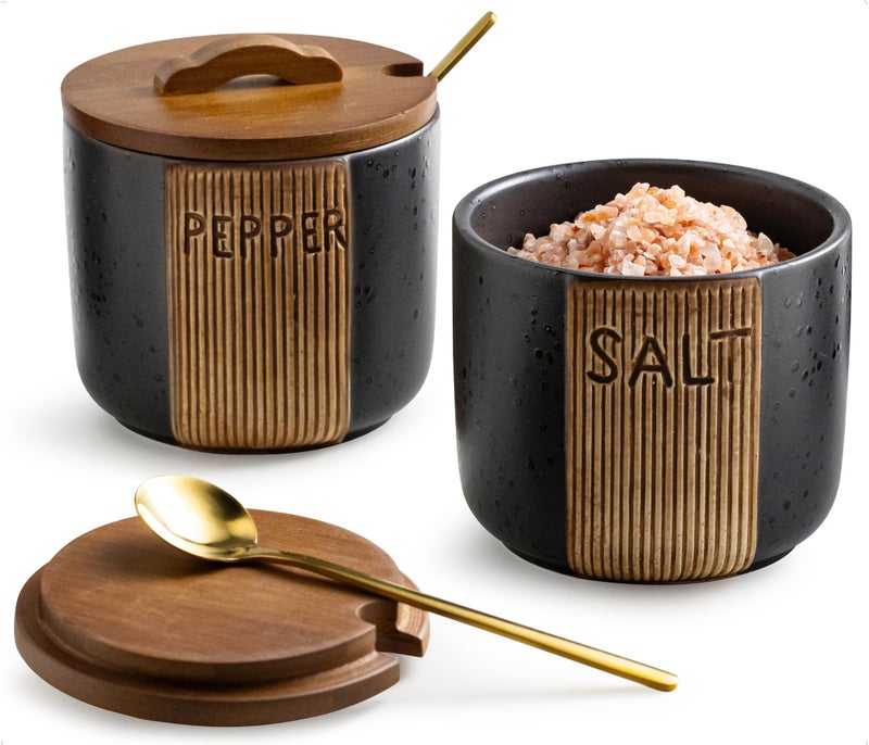 YHOJOY Salt and Pepper Bowl, Ceramic Salt Containers for Countertop, Salt and Pepper Cellar with Lid and Spoons, Black - Image 1