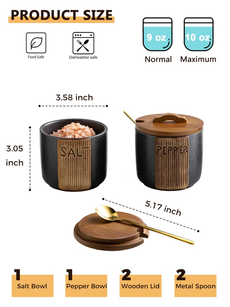 YHOJOY Salt and Pepper Bowl, Ceramic Salt Containers for Countertop, Salt and Pepper Cellar with Lid and Spoons, Black - Image 2
