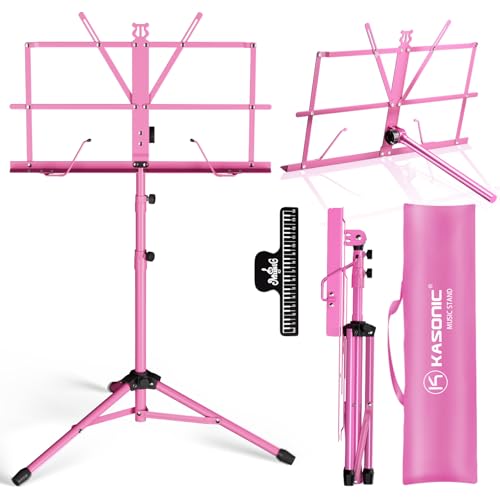 K KASONIC - Music Stand, 2 in 1 Dual-Use Folding Sheet Music Stand & Desktop Book Stand, Portable, Lightweight with Music Sheet Clip Holder & Carrying Bag Suitable for Instrumental Performance (Pink) - Image 1
