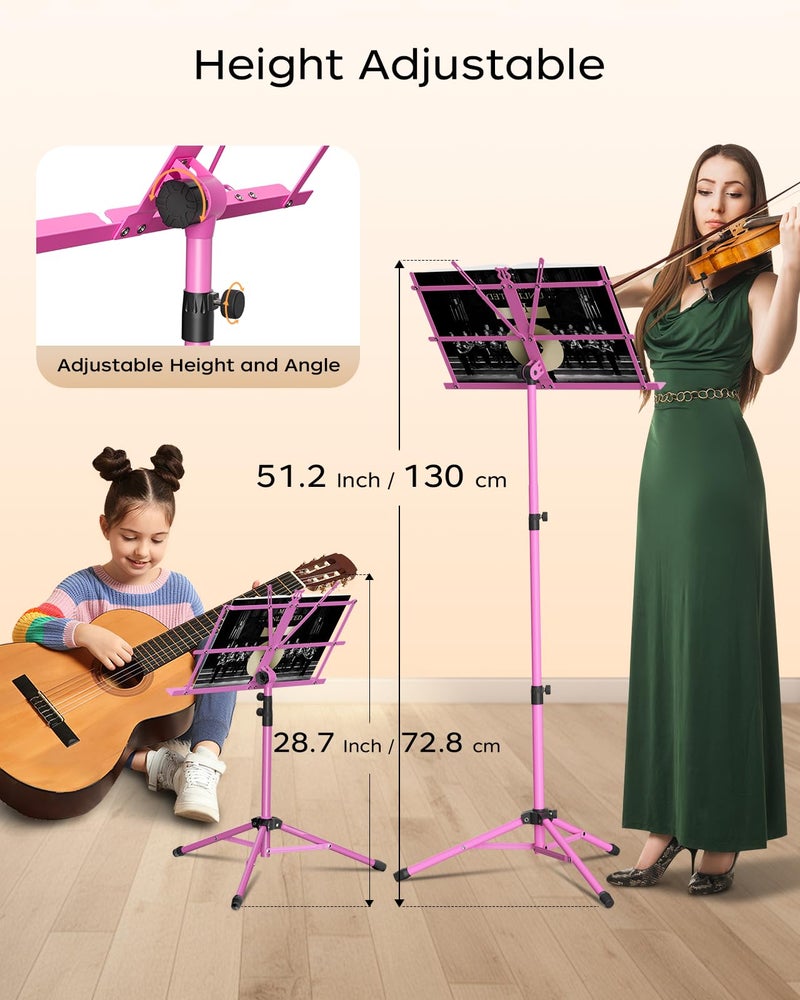 K KASONIC - Music Stand, 2 in 1 Dual-Use Folding Sheet Music Stand & Desktop Book Stand, Portable, Lightweight with Music Sheet Clip Holder & Carrying Bag Suitable for Instrumental Performance (Pink) - Image 4