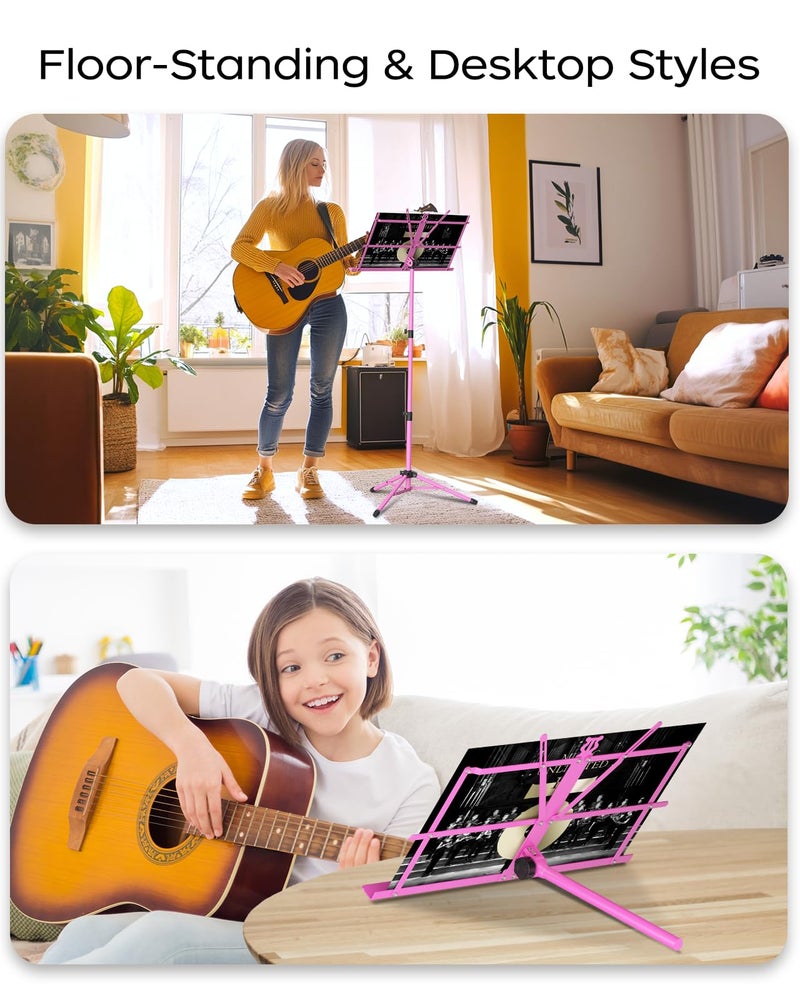 K KASONIC - Music Stand, 2 in 1 Dual-Use Folding Sheet Music Stand & Desktop Book Stand, Portable, Lightweight with Music Sheet Clip Holder & Carrying Bag Suitable for Instrumental Performance (Pink) - Image 2