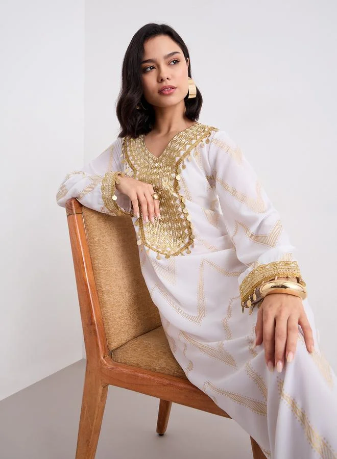 Styli Styli Chevron Foil Print Jalabiya with Gold Embroidery