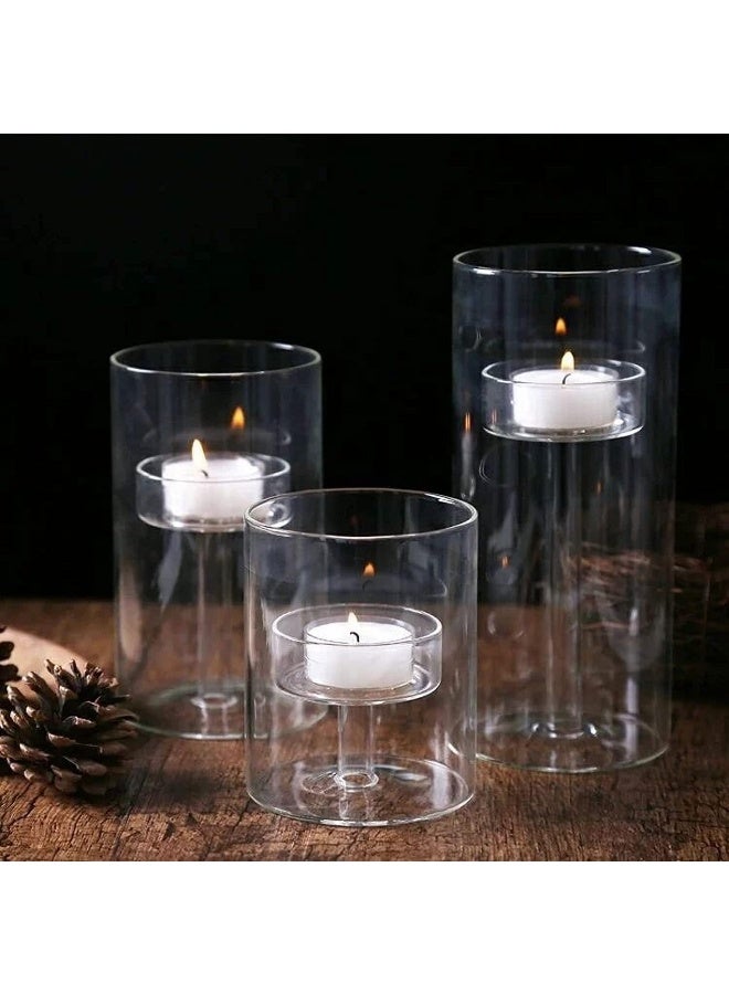 LANLONG Set Of 3 Cylinder Glass Decorative Hurricane Candle Holder Clear Votive Candle Holders Table Centerpieces For Dining Room Wedding Parties Home Decorations - Image 1