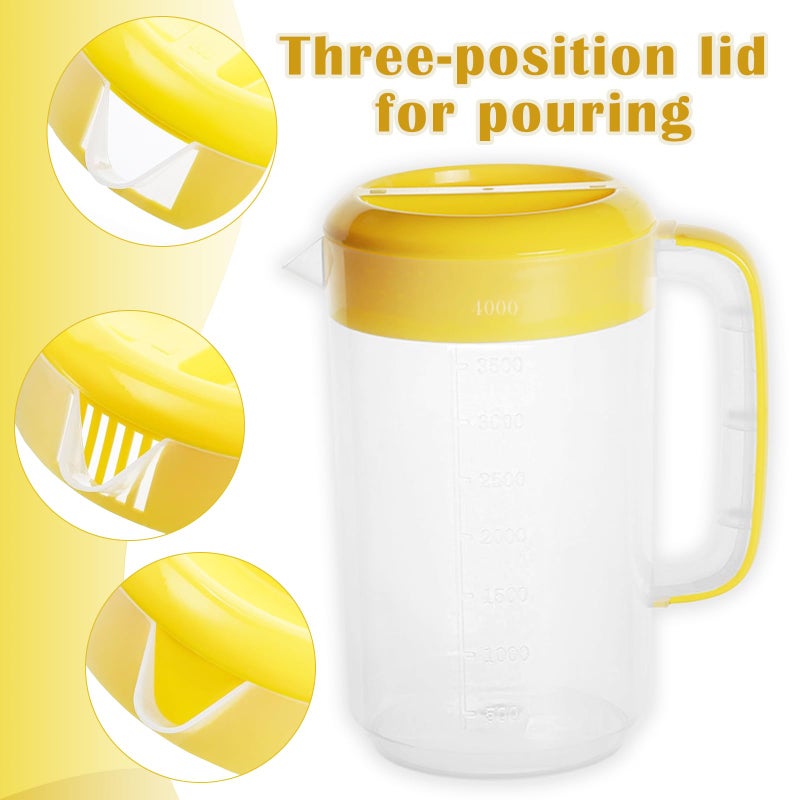 Nexboraque 2 Pack 1 Gallon Plastic Straining Pitcher with Lid - Large Water Pitcher with Handle and Measurements for Cold Drinks and Iced Tea - Pink, Yellow - Image 3