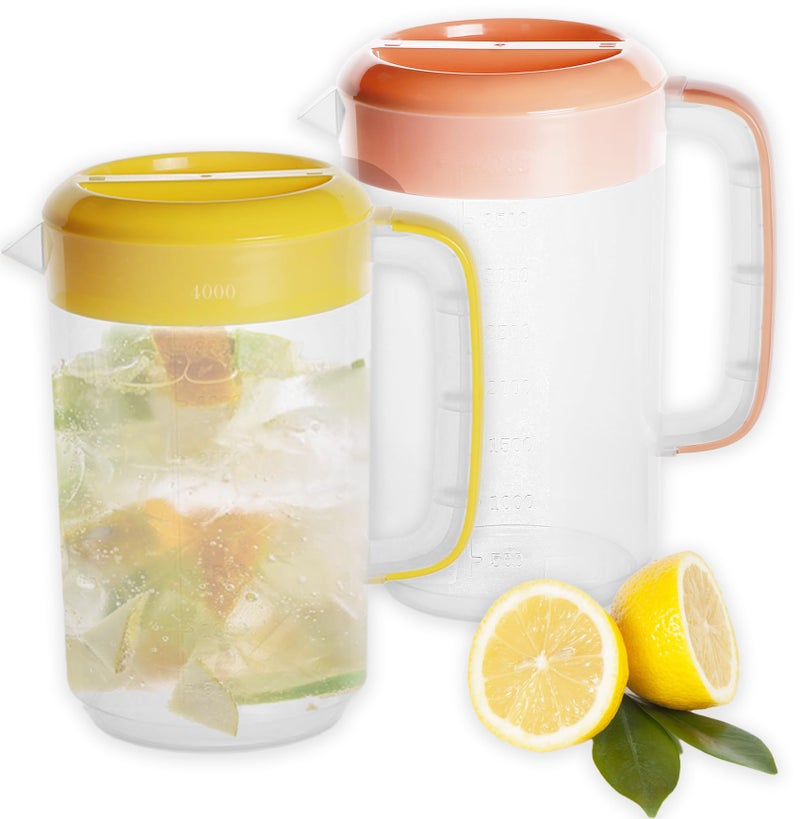 Nexboraque 2 Pack 1 Gallon Plastic Straining Pitcher with Lid - Large Water Pitcher with Handle and Measurements for Cold Drinks and Iced Tea - Pink, Yellow - Image 1