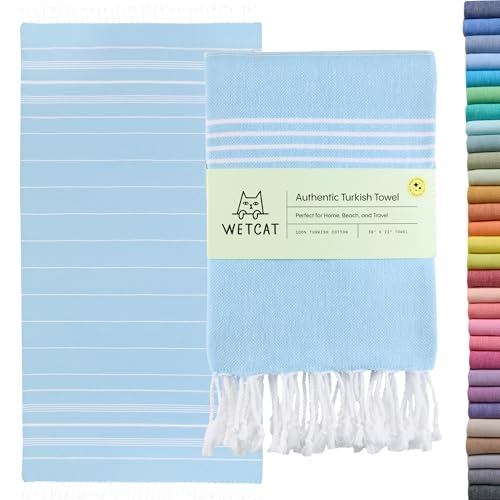 WETCAT Turkish Beach Towel Oversized (38"x71") 100% Turkish Cotton, Made in Turkey - Sand Free, Extra Large, Ultra Soft, Quick Drying, Compact & Lightweight for Travel - Light Blue - Image 1