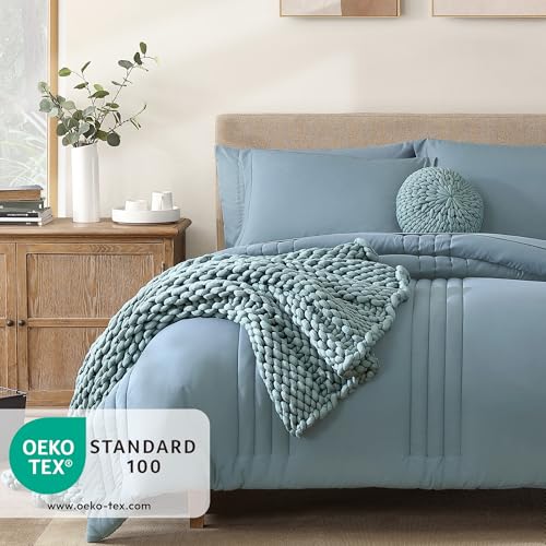 Monbix King Size Comforter Set 7 Pieces Bed in a Bag King Dusty Blue Bedding Sets with Comforter All Seasons Comforter Bed Set with Sheets Pillowcases Shams - Image 3