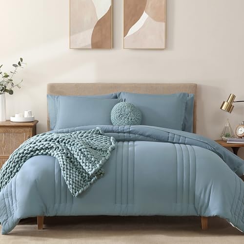 Monbix King Size Comforter Set 7 Pieces Bed in a Bag King Dusty Blue Bedding Sets with Comforter All Seasons Comforter Bed Set with Sheets Pillowcases Shams - Image 1